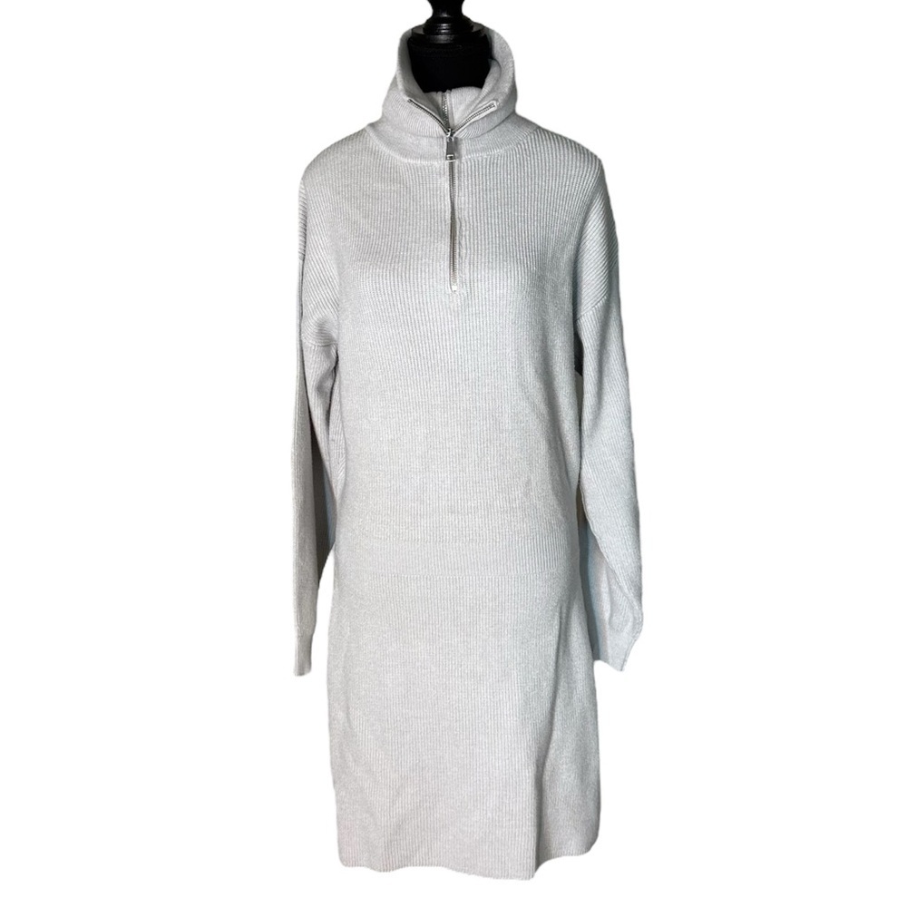 BB DAKOTA Light Grey Soft Knit Sweater Dress Plush High Neck Long Sleeve Large - Picture 3 of 15